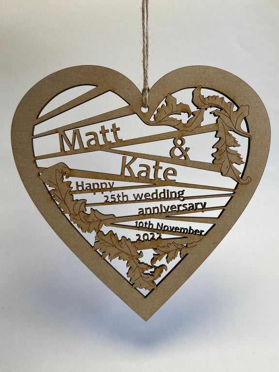 Personalised wooden heart & oak leaf decoration
