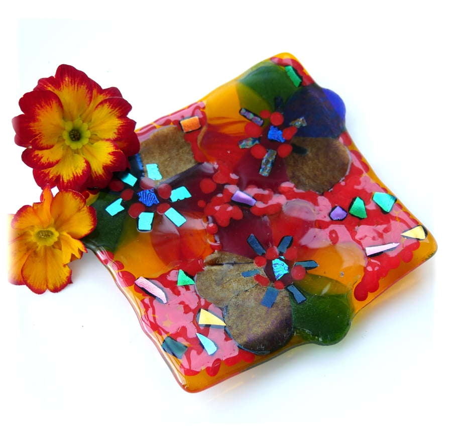 Fused Glass Rainbow Dish Flowers Handmade gift Floral Mothers day Mum