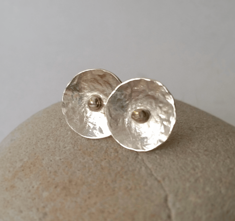 Silver textured domed little stud earrings, minimal Studs