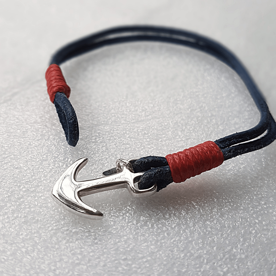 Mens’ Anchor Bracelet in Leather & Silver - Gift-Boxed With Free Delivery