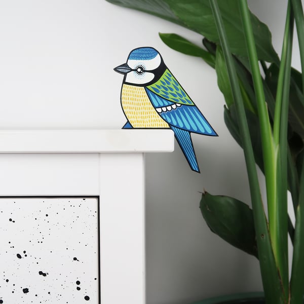 Blue tit door ornament, wooden decoration for door, hand painted bird.