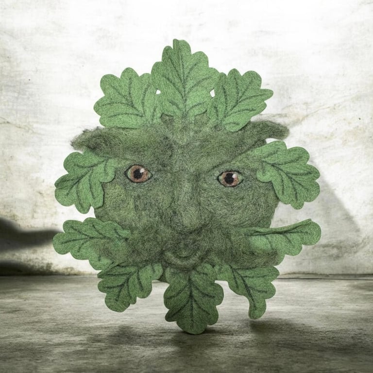 Needle felted Green Man woollen sculpture wall hanging with oak leaves