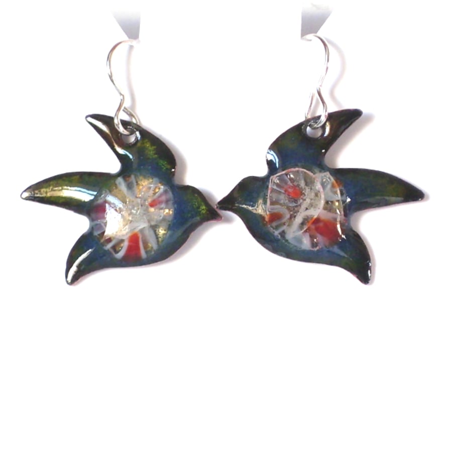 enamelled earrings - blue bird with millefiore bead decoration