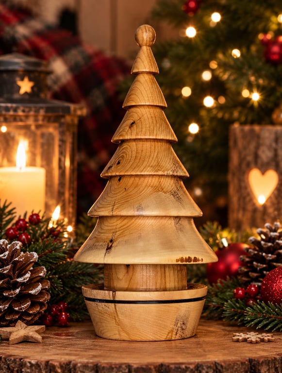 Handmade Yew Wooden Christmas Tree, Hand Turned Rustic Christmas Decoration, 