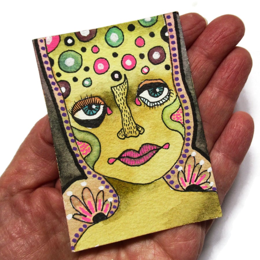 Original ACEO Portrait Painting Miniature Outsider Folk Art Face Tiny Artwork 