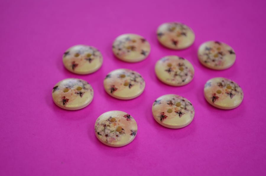 15mm Wooden Pink Floral Butterfly Buttons Natural Wood 10pk Flowers (SNF5)