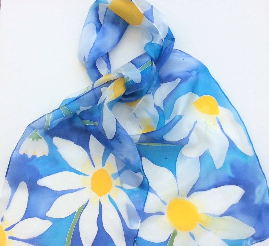 White Daisies hand painted silk scarf