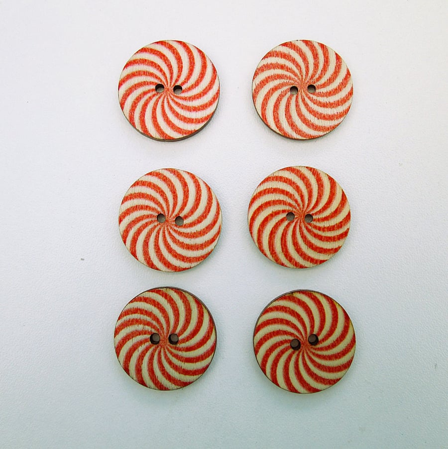 Red candy cane swirl wood buttons, set of 6, 2.5cm diameter