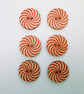 Red candy cane swirl wood buttons, set of 6, 2.5cm diameter