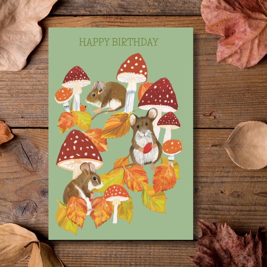 Birthday card Mice toadstool wildlife blank inside