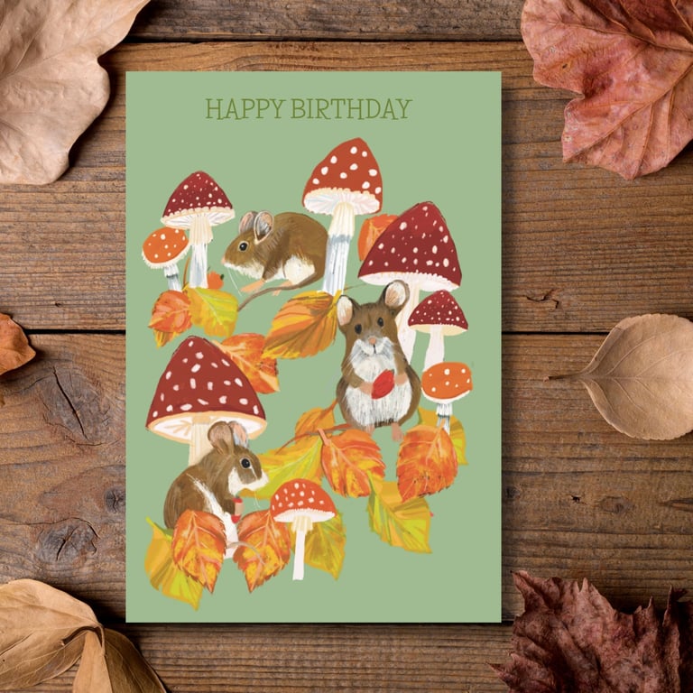 Birthday card Mice toadstool wildlife blank inside