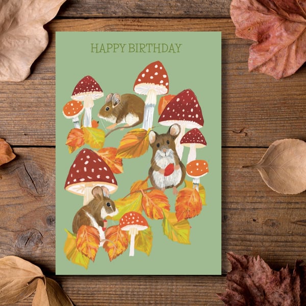Birthday card Mice toadstool wildlife blank inside