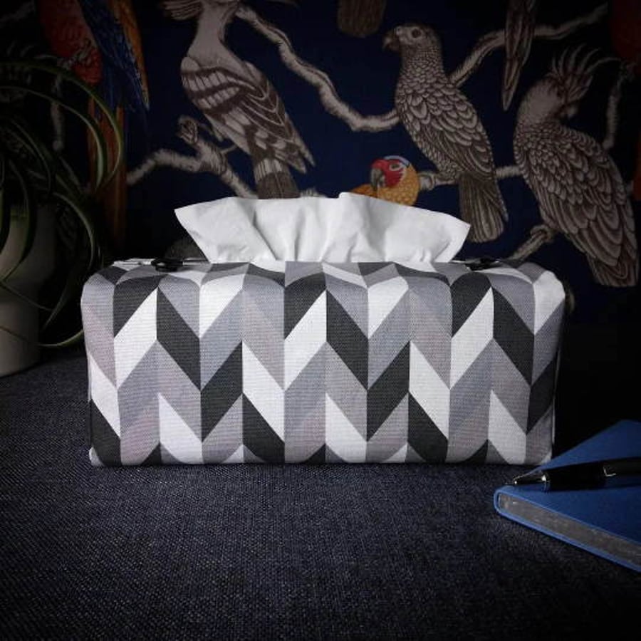 Rectangle Tissue Box Cover - Grey Herringbone