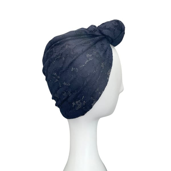 Navy Blue Lace Head Wrap Summer Turban Hat for Women Fashion Alopecia Turban