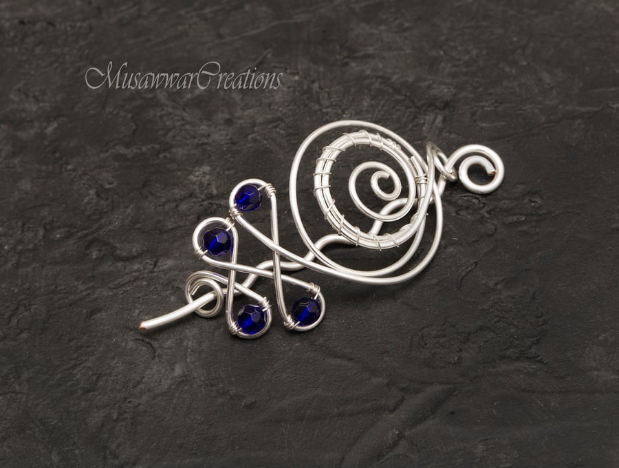 Silver plated copper Hair bun holder ,cobalt blue Celtic design Hair bun brooch,