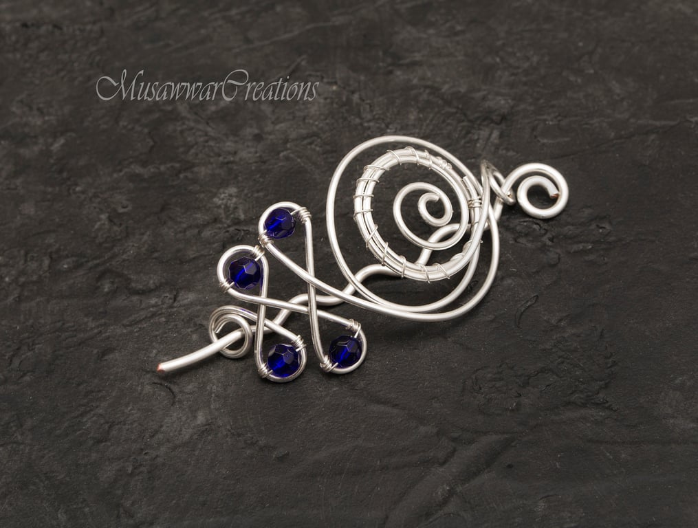 Silver plated copper Hair bun holder ,cobalt blue Celtic design Hair bun brooch,