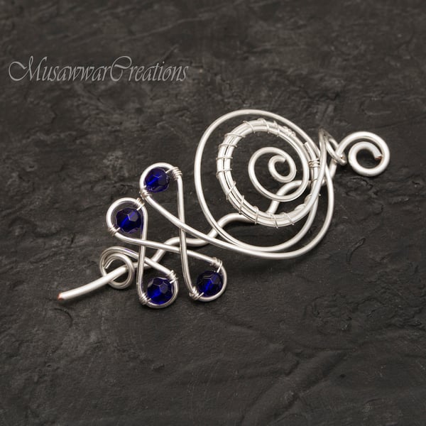 Silver plated copper Hair bun holder ,cobalt blue Celtic design Hair bun brooch,