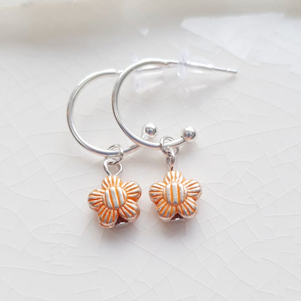 Orange Stripey Daisy Half Hoop Earrings