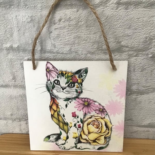 Hand-made wooden wall plaque.  Vintage floral "Rosie" the cat design.