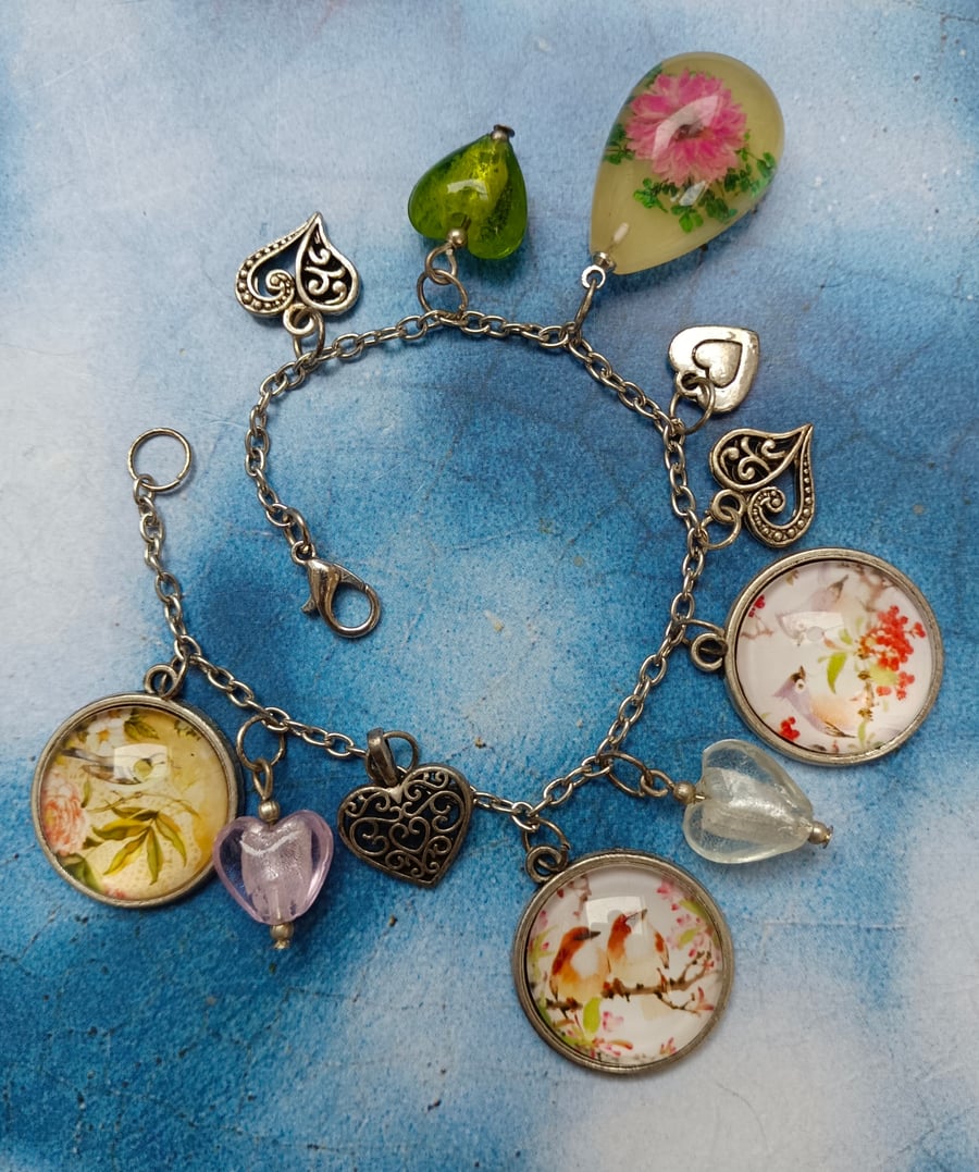 Flowers, Birds and Hearts Charming Charm Bracelet