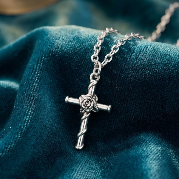 Silver Cross and Rose Pendant 