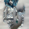 Mermaid art doll, blue flowery vintage fabric, jointed tail