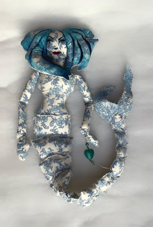 Mermaid art doll, blue flowery vintage fabric, jointed tail