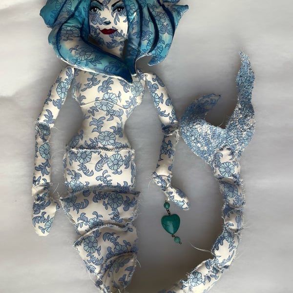 Mermaid art doll, blue flowery vintage fabric, jointed tail