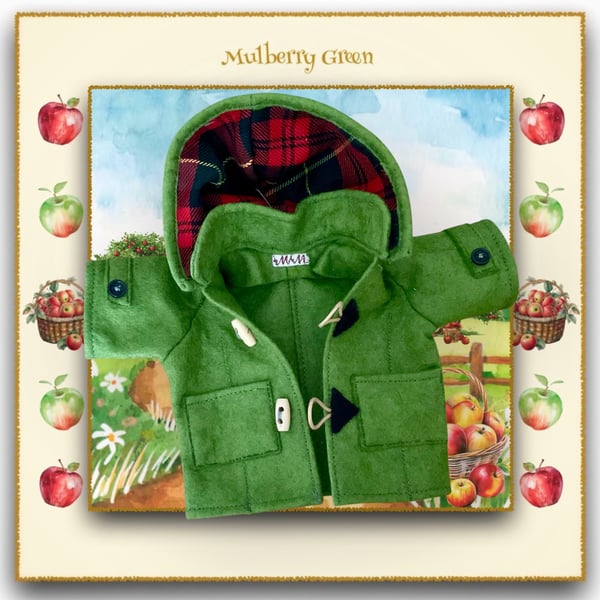 An Apple Green Duffle Coat with a Tartan Lined Hood