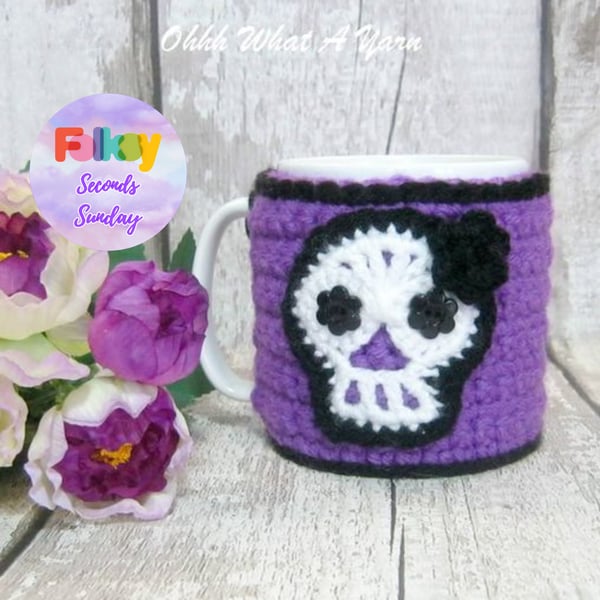 Seconds Sunday end of line. Crochet purple sugar skull mug hug, mug cosy,
