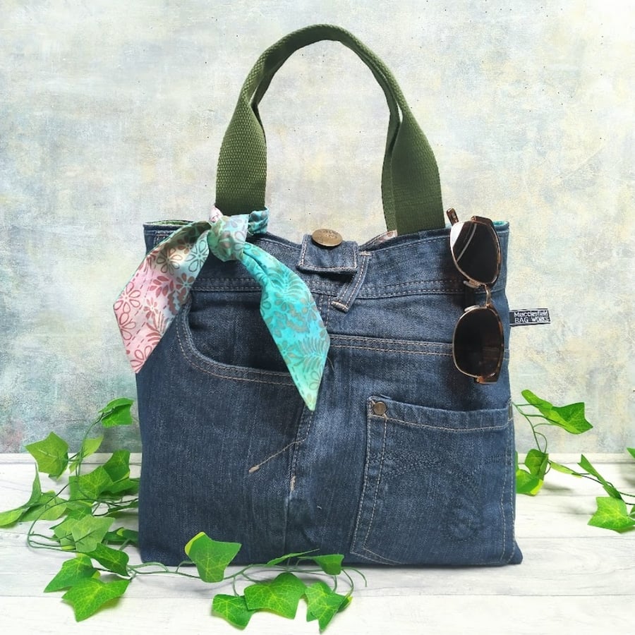 Recycled Denim Grab Tote Bag with Batik Lining and Green Handles