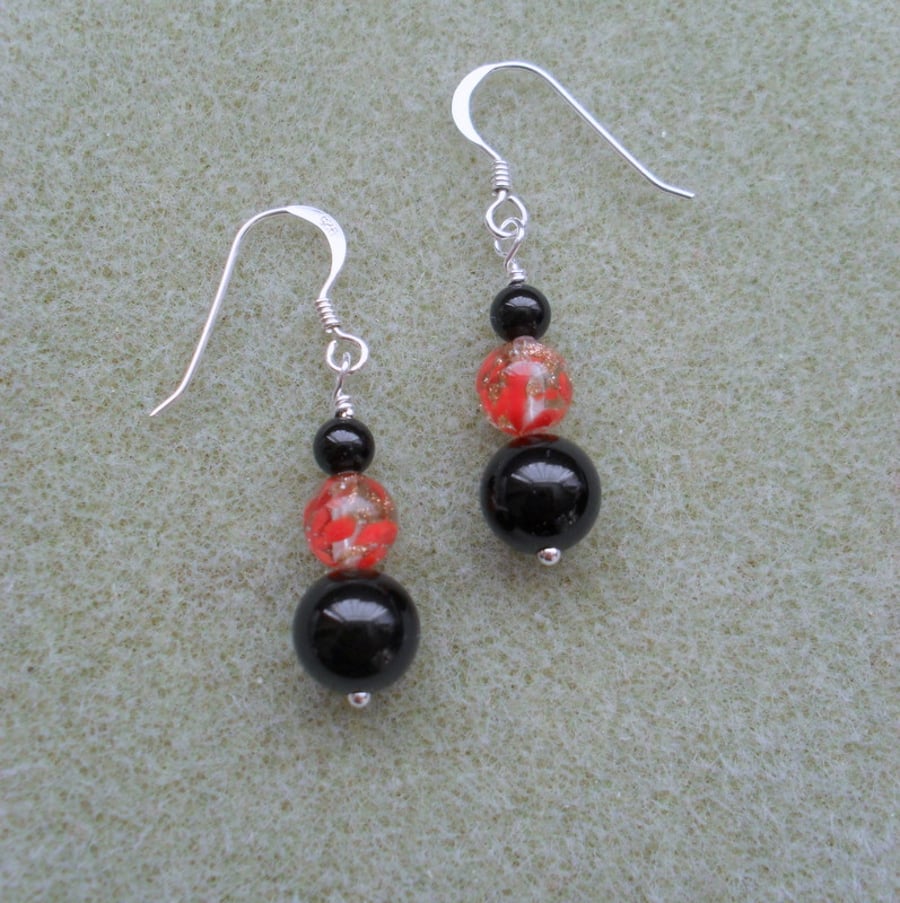 Murano Glass and Black Onyx Sterling Silver Earrings