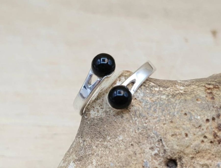 Two Stone Black Onyx ring. 5mm Adjustable 925 sterling silver rings for women
