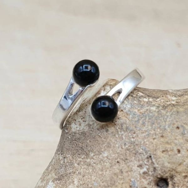 Two Stone Black Onyx ring. 5mm Adjustable 925 sterling silver rings for women