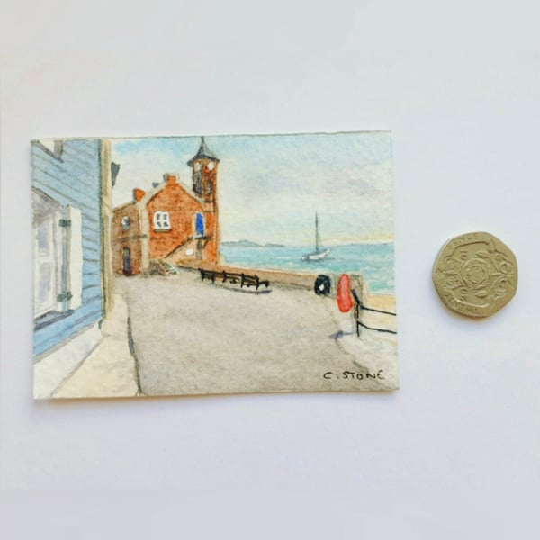 Original ACEO miniature watercolour painting, Kingsand Clock Tower, Cornwall 