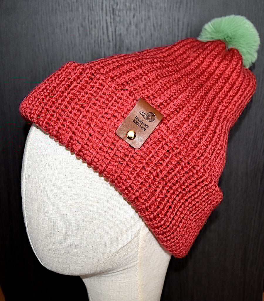 Handcrafted Hat with Faux Rabbit Fur Pompom Berry Coloured