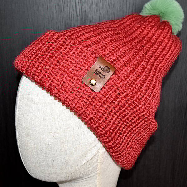Handcrafted Hat with Faux Rabbit Fur Pompom Berry Coloured