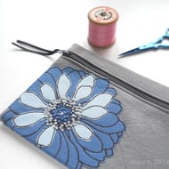 free motion & hand embroidered small floral zip purse pouch case - blue