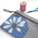 free motion & hand embroidered small floral zip purse pouch case - blue