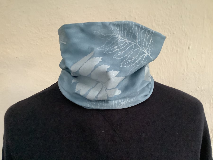 Handmade soft stretch snood scarf, lined blue and silver leaf print, snood scarf