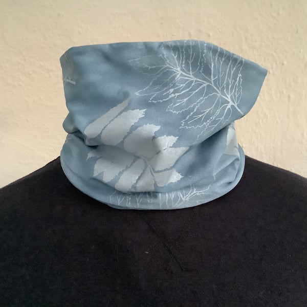 Handmade soft stretch snood scarf, lined blue and silver leaf print, snood scarf