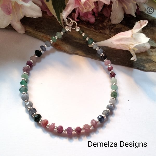 Genuine Ruby, Sapphire & Emerald Skinny Sterling Silver Bracelet