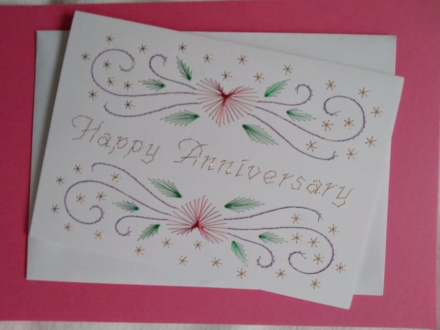 Happy Anniversary, Hand Embroidered Card.