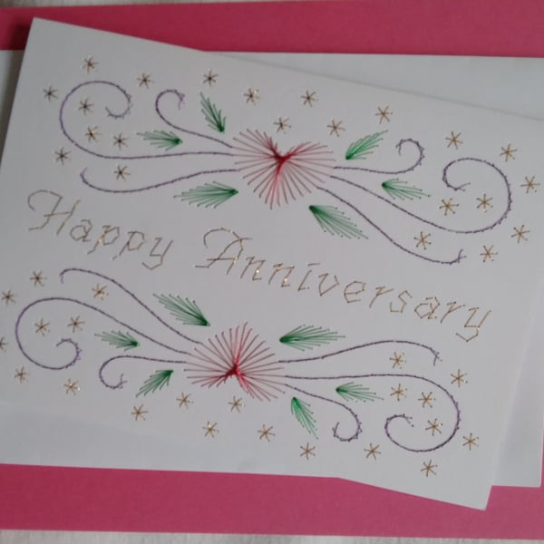 Happy Anniversary, Hand Embroidered Card.