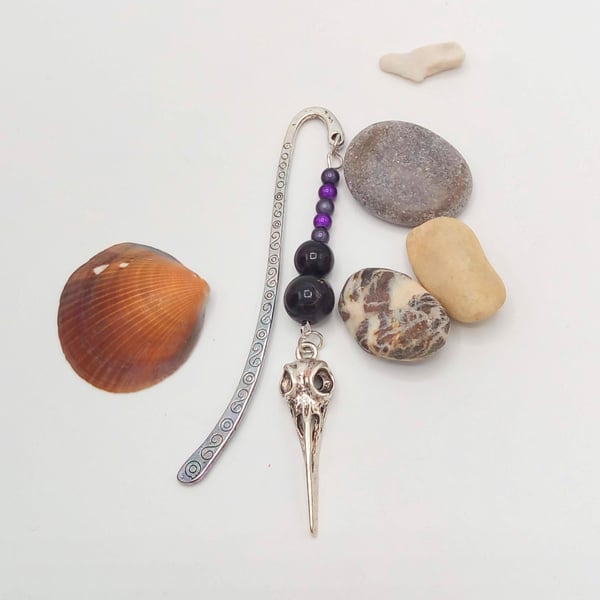 Black and Purple Beaded Bookmark With Silver Bird Skull Charm, Halloween