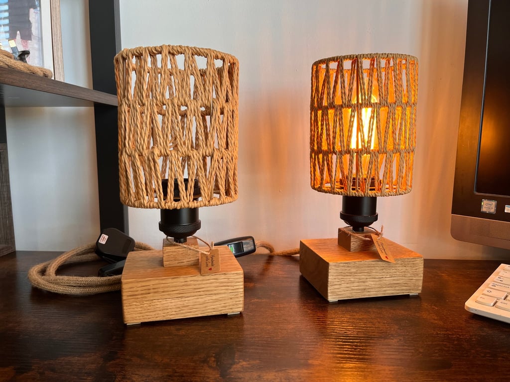 Pair of Oak Bedside Table Lamps with Rope Shades – Handmade Rustic Set