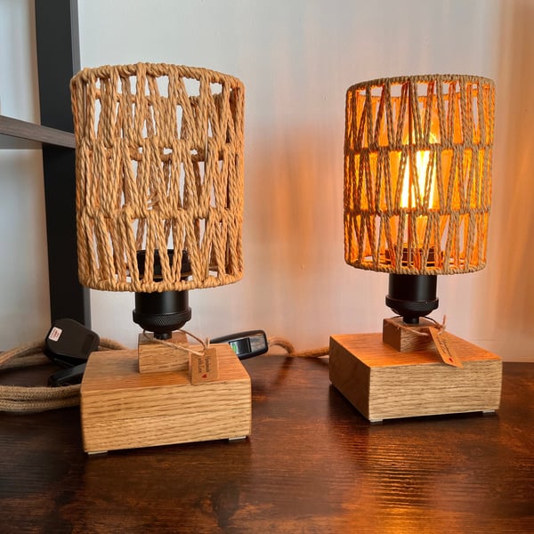 Pair of Oak Bedside Table Lamps with Rope Shades – Handmade Rustic Set