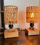 Pair of Oak Table Lamps - Handmade Rope Shade Bedside Set UK