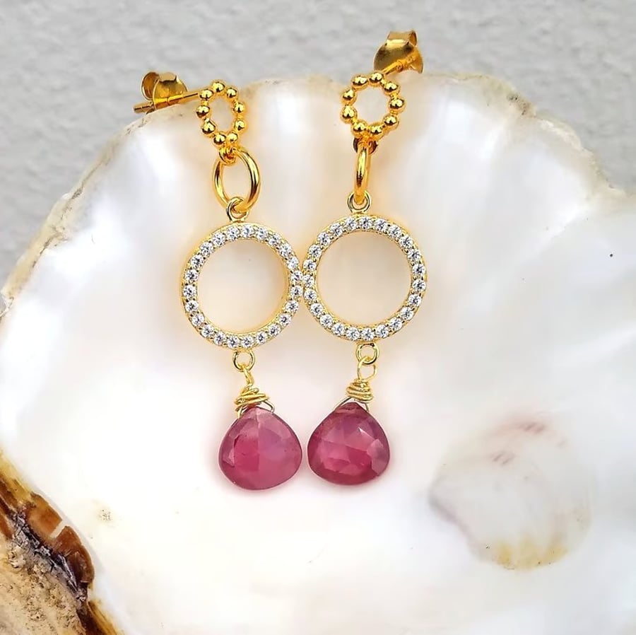 Ruby with Gold CZ Circle Drop Stud Earrings, Ruby Heart Gold Dangle Earrings 