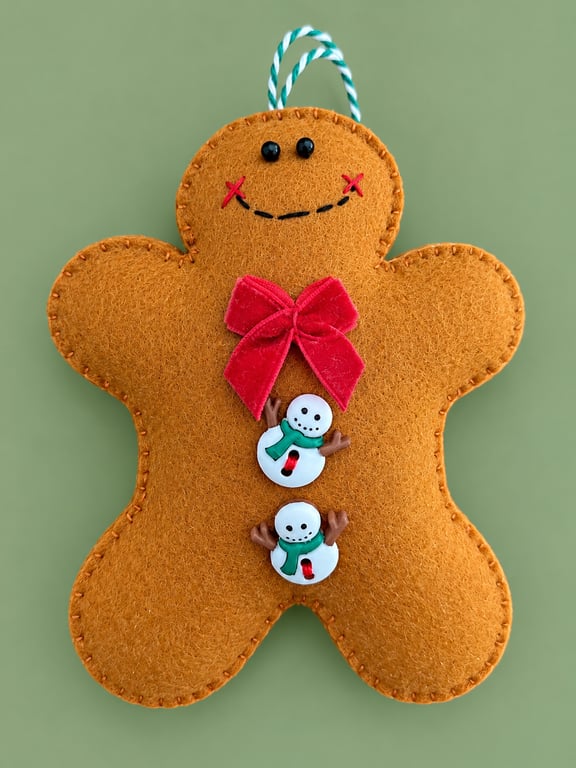 Handmade Felt Gingerbread Man Christmas Decoration – Snowman Buttons & Red Bow